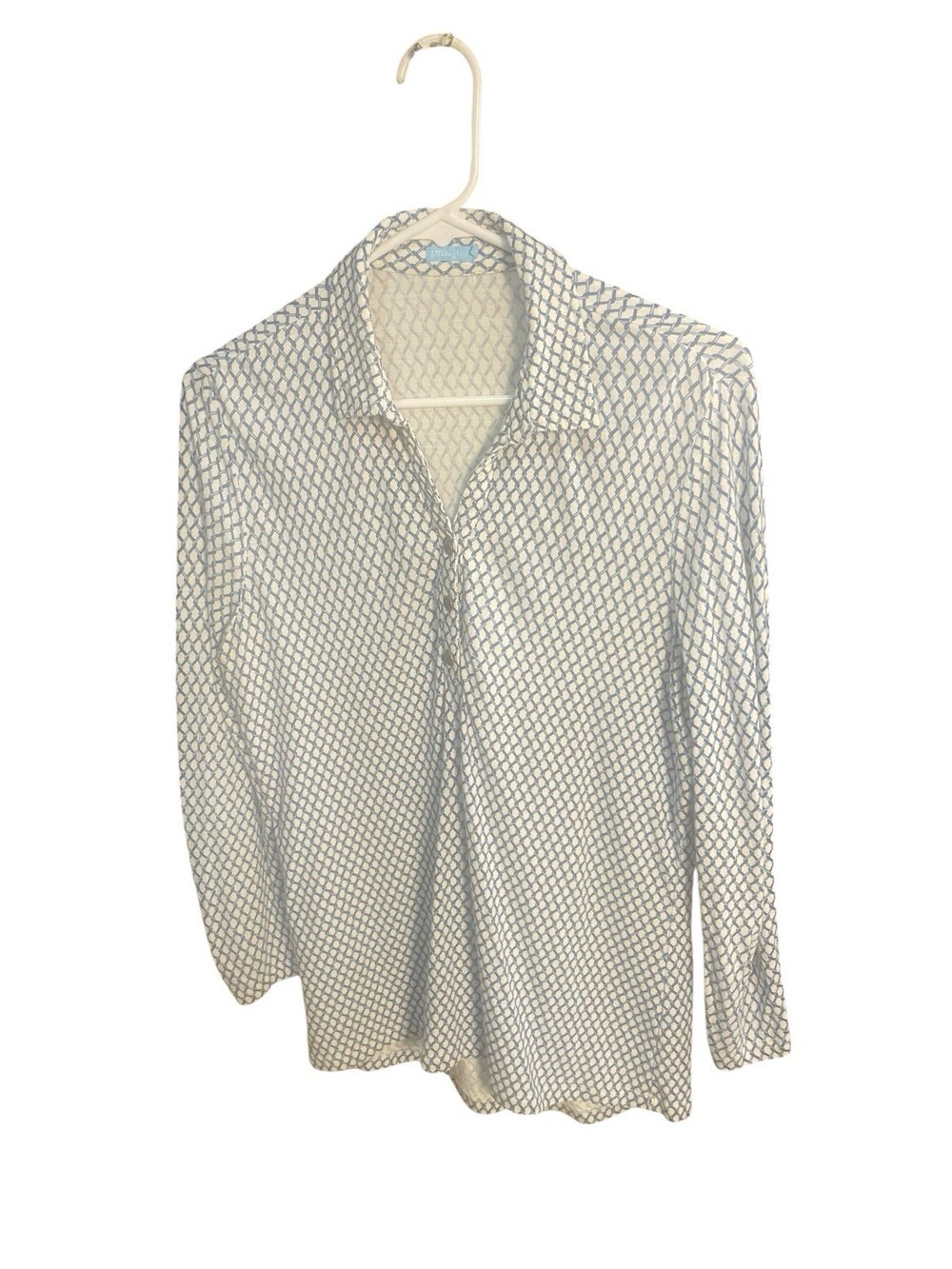 J. McLaughlin Women’s Blue White Geometric Cotton Blend Long Sleeve Blouse